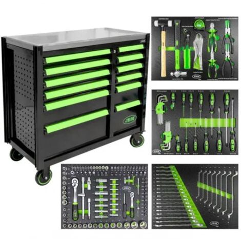 JBM 53939 SERVANTE AVEC DOUBLE COLONNE DE TIROIRS - AVEC MODULES D'OUTILS - VERT