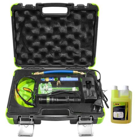 JBM – Kit de détection de fuite UV pour climatisation – Liquide fluorescent 250 mL – Lampe UV et accessoires inclus – Détection rapide des fuites