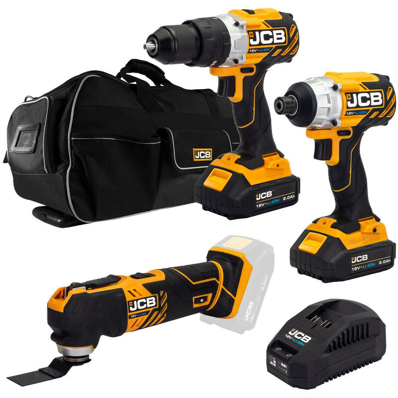 JCB 18V B/L Combi Drill B/L Impact Driver Multi Tool Kit 2x 2.0ah Lithium-Ion Batteries and charger in 26" wheeled kit bag