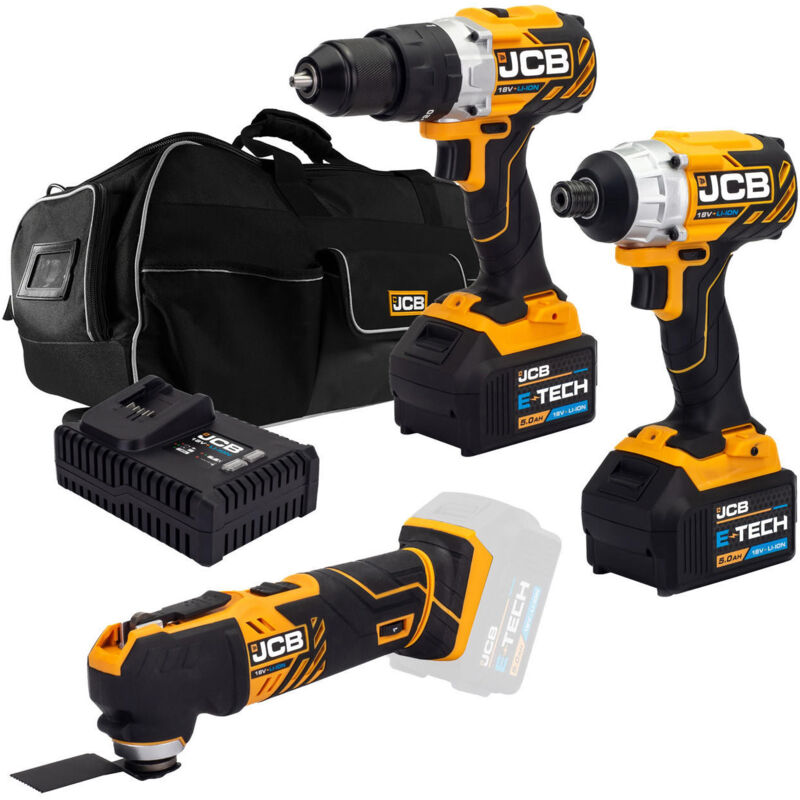 JCB 18V B/L Combi Drill B/L Impact Driver Multi Tool Kit 2x 5.0ah Lithium-Ion Batteries and super fast charger in 26" wheeled kit bag