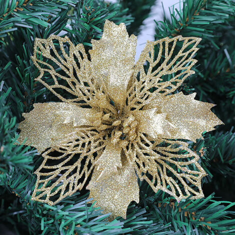 Jeffergarden (1 pièce) (Rouge) Ornement de sapin de Noël octogonal en forme de fleur, ajouré et pailleté, 16 cm, en plastique et poudre dorée.