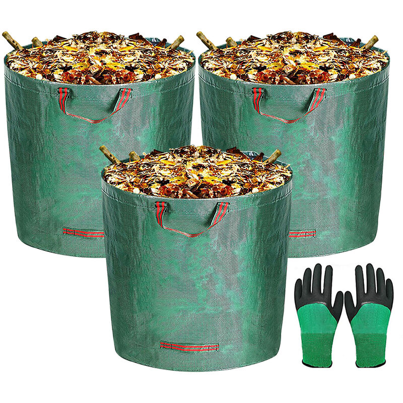 Jeffergarden - 3PCS+1 paire de gants) Pack de 3 sacs à déchets de jardin, sacs de collecte de feuilles et de mauvaises herbes imperméables, 272L 72