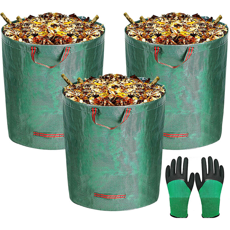 Jeffergarden - 3PCS+1 paire de gants) Sacs pour déchets de jardin 3 paquets de sacs imperméables pour le ramassage des feuilles et des mauvaises