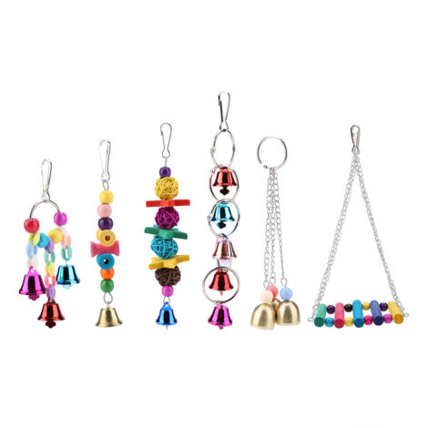 Jeffergarden 6 pièces/ensemble coloré en bois et en métal oiseau de compagnie balanoire jouet cloches perroquet Cage suspendus balanoire jouets