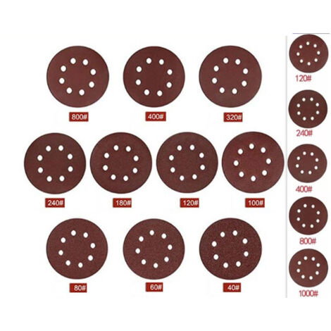 Jeffergarden 75 morceaux de papier de verre de 5 pouces à 8 trous, 1 mm d'épaisseur, grain 120/240/400/800/1000 pour éliminer la rouille et la peinture