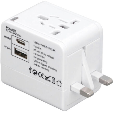 Jeffergarden ‌Adaptateur de Voyage Universel avec Ports USB A/C, Convertisseur de Sécurité - Pour Téléphone, Ordinateur Portable, Montres, Appareils Photo (Blanc)‌