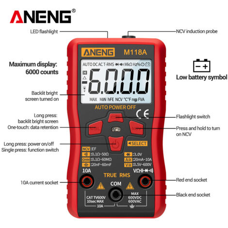 Jeffergarden ANENG M118A multimètre numérique à plage automatique haute précision TRMS 6000 comptes tension courant Ohm capacité Diode Multi testeur