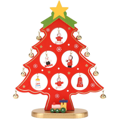 Jeffergarden Arbre de Noël en bois décoration de table de table de bureau arbre de Noël avec mini ornements pour décoration de table ornement rouge