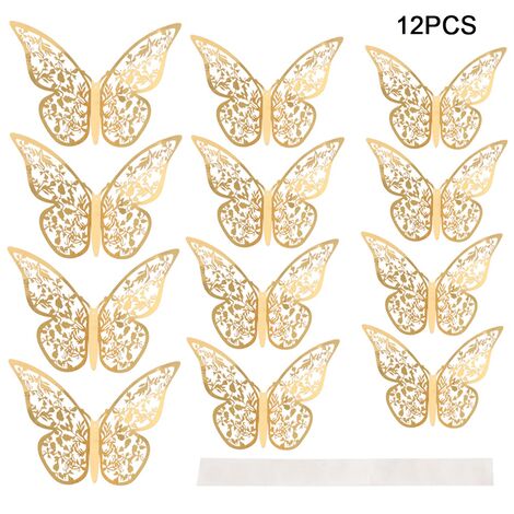 Jeffergarden Autocollants muraux papillon creux 3D, 12 pièces, Texture métallique, salon, chambre à coucher, décoration de la maison