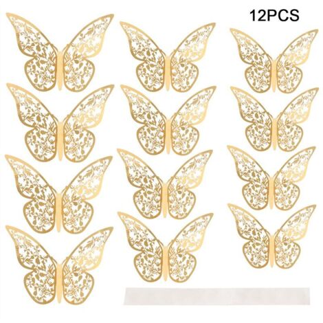 Jeffergarden Autocollants muraux papillon creux 3D, 12 pièces, Texture métallique, salon, chambre à coucher, décoration de la maison