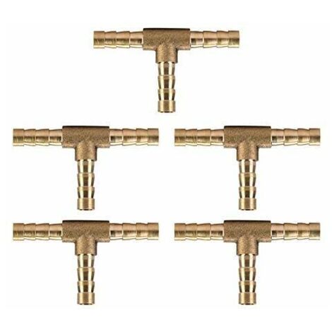 Jeffergarden Connecteur en Laiton en T, 5pcs Raccords du Tuyau T pour Tuyau d'Air/Eau/Huile/Gaz, Joint du Tuyau en Laiton 6/8/10 /12mm (6mm)
