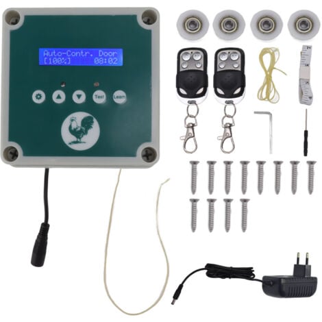 Jeffergarden Contrleur automatique de porte de poulailler IP44 Ouvre-cage Télécommande Kit de moteur d'actionneur de porte de poulailler avec minuterie Capteur de lumière 100 à 240 V Prise UE