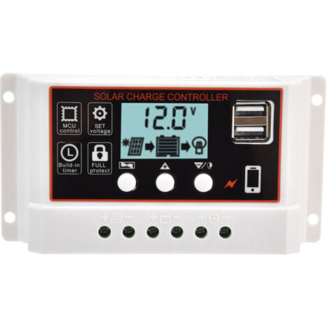 Jeffergarden Contrôleur de panneau solaire intelligent, double port USB, dispositif de contrôle de charge et de décharge PWM de batterie 12 V/24 V 10 A
