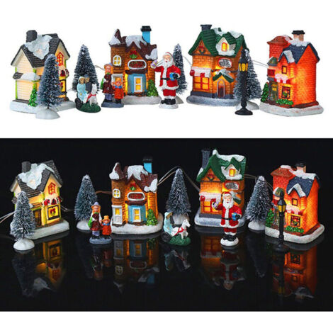 Jeffergarden Décoration en résine représentant un village de Noël avec lumières LED, maison miniature, cadeau