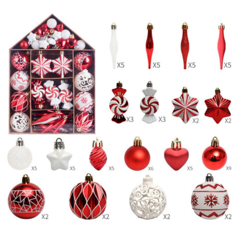 Jeffergarden Décorations de Noël (rouge et blanc) - 73 pièces : peinture pour maison, boules de Noël, coffret cadeau, ornement pour sapin.