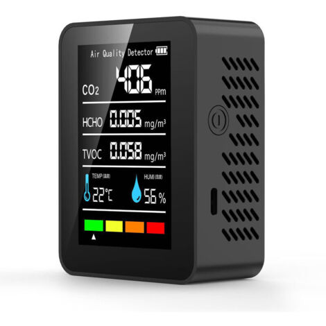 Jeffergarden Détecteur de formaldéhyde capteur TVOC CO2 PM2.5 température humidité testeur de qualité de l'air 5 en 1 noir