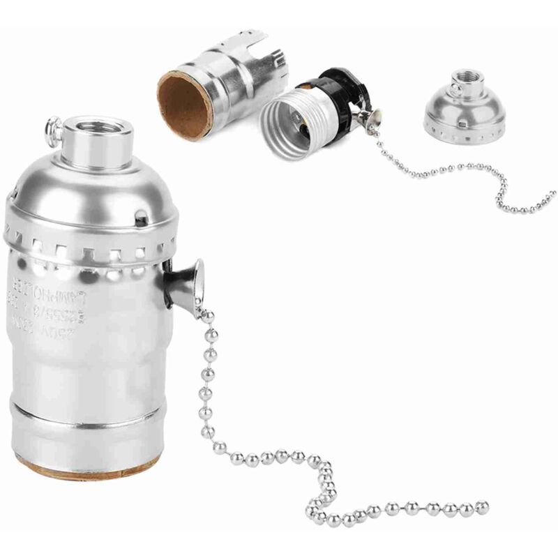 Jeffergarden Douille E27 en aluminium style vintage avec chaînette pour lampe de bureau, culot à vis (argenté)