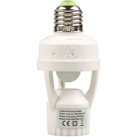 Jeffergarden Douille E27 pour lampe à détecteur de mouvement infrarouge 100-240 V, temporisation de 10 à 300 secondes, portée de détection de 6 m, adaptateur pour douille