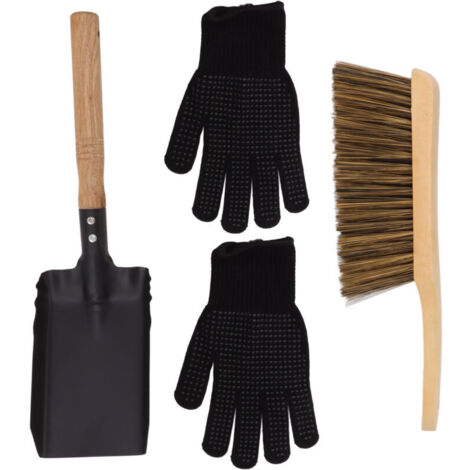 Jeffergarden Ensemble pelle et brosse pour cendres de cheminée, outils de nettoyage pour foyer au charbon avec gants en silicone noirs