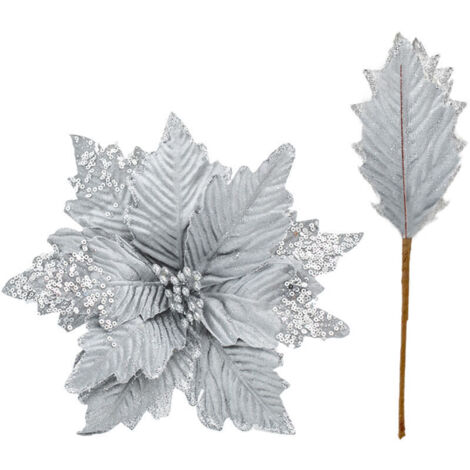 Jeffergarden Fleur de Noël argentée de 25 cm avec tige rétractable en pétale, idéale pour les hôtels, les mariages, les centres commerciaux et comme décoration de Noël.