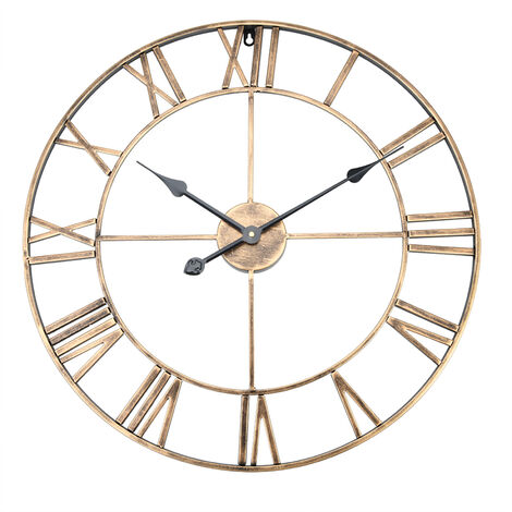 Jeffergarden Grande horloge murale ronde en fer classique en métal avec chiffres romains pour décoration d'intérieur (doré 60 cm de diamètre)