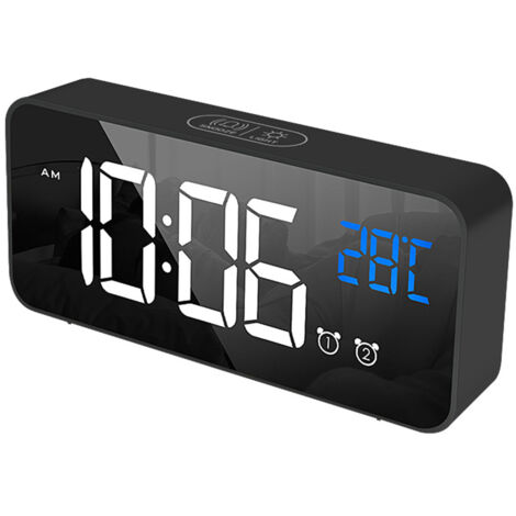 Jeffergarden Horloge électrique d'alarme LED multifonctionnelle, Surface miroir exquise, horloge de chevet silencieuse pour la maison, la chambre à coucher, le bureau, décor noir