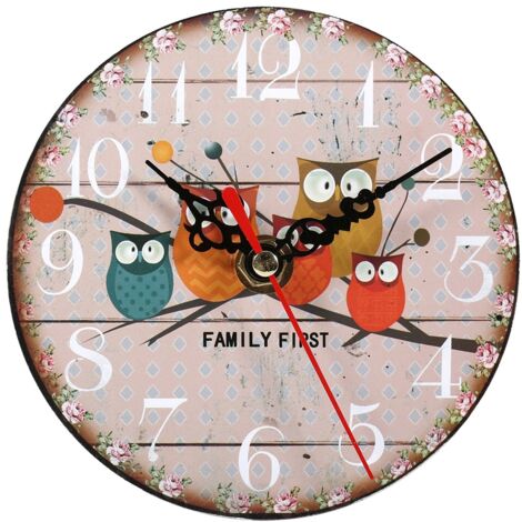 Jeffergarden Horloge murale ronde en bois à motif de hibou, Antique et créative, Vintage, décoration pour la maison et le bureau, 1 pièce, 7