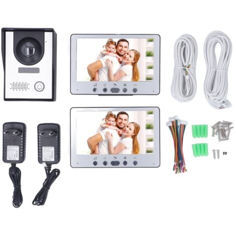 Jeffergarden Kit de intercomunicador con timbre con vídeo de 7 pulgadas con 2 pantallas Sistema de videoportero con desbloqueo remoto de visión nocturna por infrarrojos a prueba de agua Enchufe europe