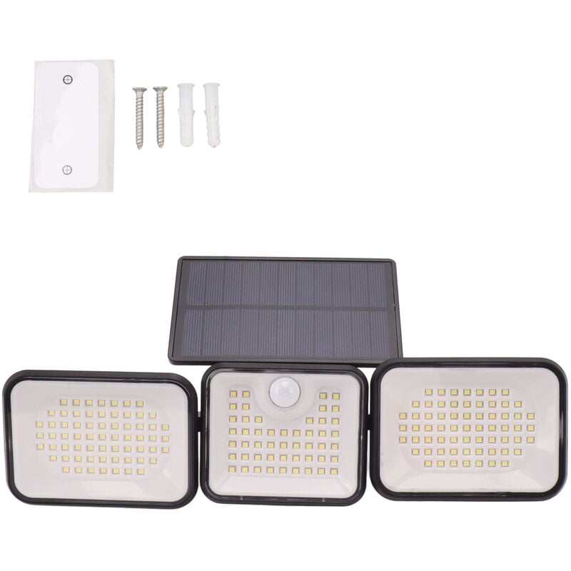 Lampe solaire d'extérieur à 180 led, 6000 à 7000K, très brillante, avec 3 têtes réglables, conforme à la norme IP65, avec capteur de mouvement