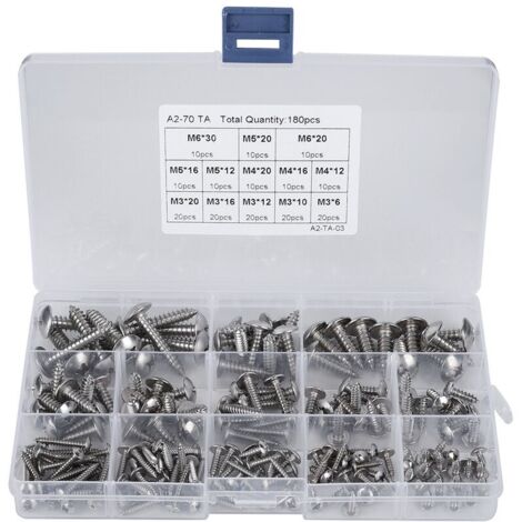 Jeffergarden Lot de 180 vis autotaraudeuses à tête plate en acier inoxydable M3 M4 M5 M6 à usage multiple