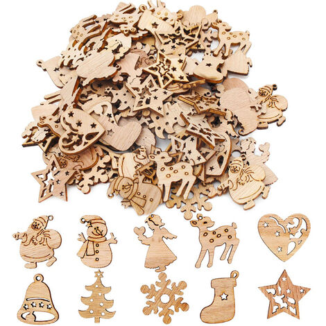 Jeffergarden Mélange d'ornements d'arbre de nol en bois, 100 pièces, Mini père nol, bonhomme de neige, Elk, flocons de neige, pendentifs suspendus pour arbre de nol