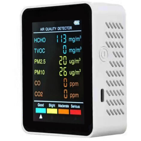 Jeffergarden Moniteur de qualité de l'air intérieur 6 en 1, testeur de CO2, Moniteur de dioxyde de Carbone PM2,5, testeur de CO2 PM10, TVOC, HCHO, et CO pour la Maison