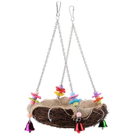 Jeffergarden Nid d'oiseau en rotin, jouet suspendu avec cloches, balanoire, perchoir debout, Cage à jouets, hamac (L)