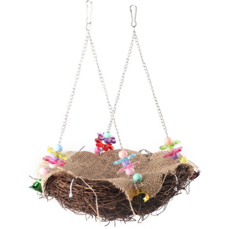 Jeffergarden Nid d'oiseau en rotin, jouet suspendu avec cloches, balanoire, perchoir debout, Cage à jouets, hamac (S)
