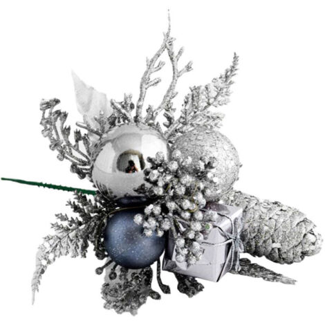 Jeffergarden Nouvelles branches de Noël artificielles : boules de Noël dorées, argentées et rouges, branches d'épicéa et de pin, décorations de Noël artificielles (argentées) 21 x 14 cm