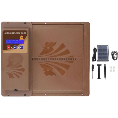 Jeffergarden Ouvre-porte automatique de poulailler à énergie solaire USB avec minuterie affichage LED programmable 3 modes d'alimentation type ouvert horizontalement marron