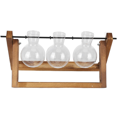 Jeffergarden Plante Terrarium avec support en bois Vase en verre Planteur en verre de bureau pour la décoration de bureau à domicile (Cadre en bois 3 bouteilles)