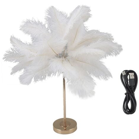 Jeffergarden Plume Lampe De Table Interrupteur Tactile USB Plume D'autruche Lampe 3 Couleur Gradation Lampe De Bureau avec Base En Métal Doré 30pcs Plume