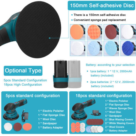 Jeffergarden Polisseuse sans fil pour voiture avec batterie au lithium, 2 800 à 5 500 tr/min, 6 vitesses, rechargeable, portable, pour le polissage et les détails, prise UE AC100-240 V