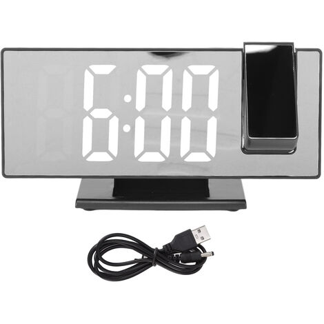 Jeffergarden Réveil numérique à projection Chargement USB Gradation automatique cran miroir LED Horloge électronique pour chambre à coucher Coque noire Lumière blanche
