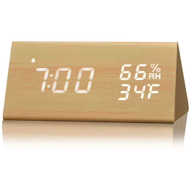 Jeffergarden Réveil Numérique, Horloge électronique Affichage LED Smart Voice pour Chambre à Coucher (Couleur Bois de Bambou)