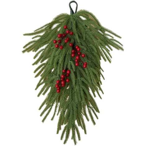 Jeffergarden Sapin de Noël mural en caoutchouc souple imitant des aiguilles de pin de Norfolk (sapin de Norfolk à l'envers, avec des baies rouges, 60 cm)