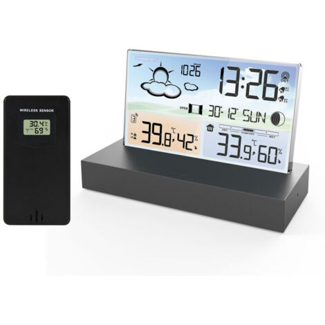 Jeffergarden Station Météo Numérique avec Capteur Sans Fil Extérieur - LCD avec Alerte, Température, Humidité, Prévision, Phase Lunaire, Réveil, Date et Heure pour la Maison
