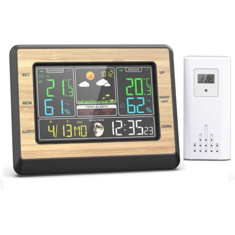 Jeffergarden Station météo sans Fil, Thermomètre Hygromètre Baromètre Intérieure Extérieure avec Capteur LED Ecran Rétro-éclairage Horloge Numérique Alarme et Snooze Affichage Heure Date