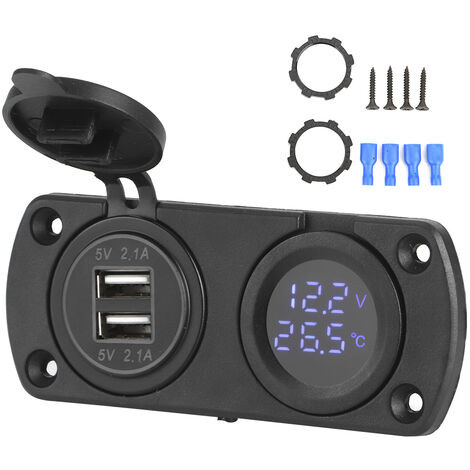 Jeffergarden Température Voltmètre Chargeur Voiture Double USB 12V Prise de courant Prise allume-cigare Bleu