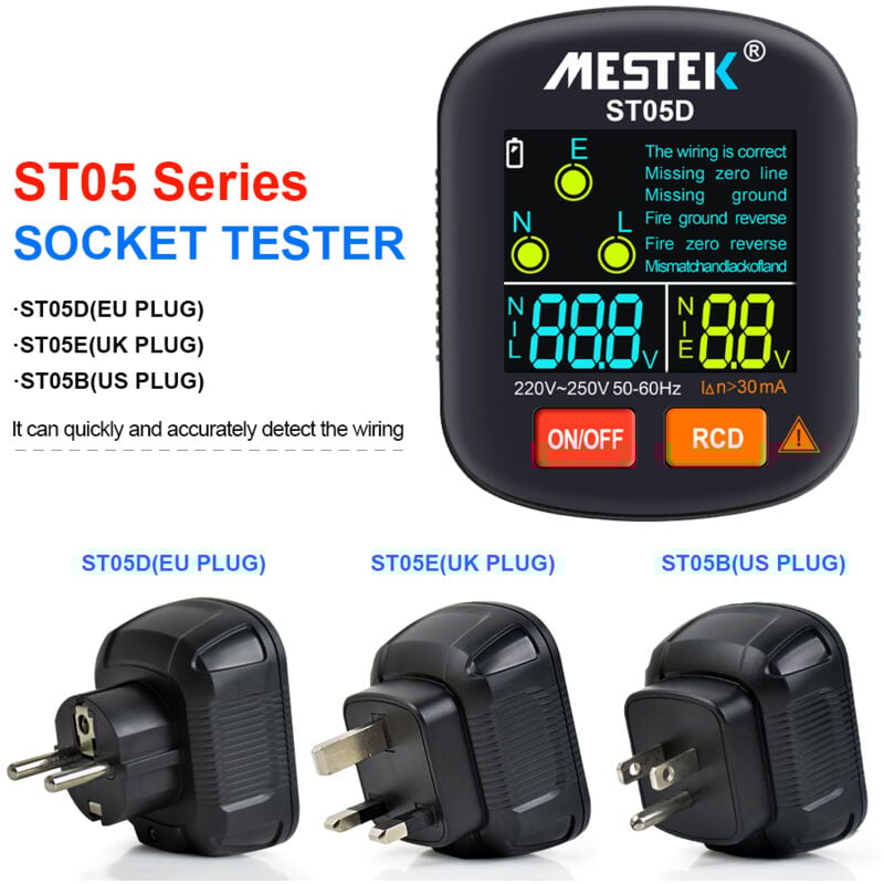 Jeffergarden - Testeur de prise numérique portable 30-250 v, détecteur de tension rcd, outil de vérification de polarité de terre et de phase avec