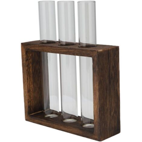 Jeffergarden Vase en Tube de verre de table, cadre en bois de pin à haute teneur en Borosilicate, plante rétro pour plantes hydroponiques, décoration de la maison, 3 bouteilles