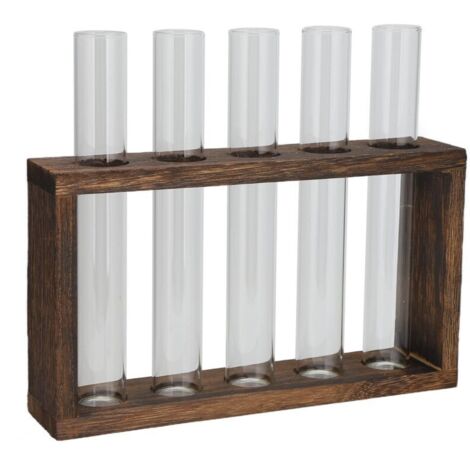 Jeffergarden Vase en Tube de verre de table, cadre en bois de pin à haute teneur en Borosilicate, plante rétro pour plantes hydroponiques, décoration de la maison, 5 bouteilles