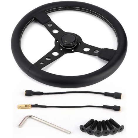 Jeffergarden Volant Sport Style MOMO Prototipo 350mm/14 Pouces en Cuir Noir avec Coutures Grises et Bouton Klaxon