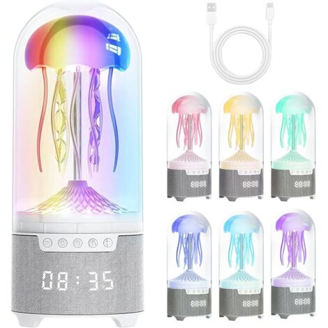 Jellyfish Lampe 5 en 1 avec haut-parleur Bluetooth, radio FM, réveil, bruit blanc, 7 modes de changement de couleur, lampe d'ambiance rechargeable par USB